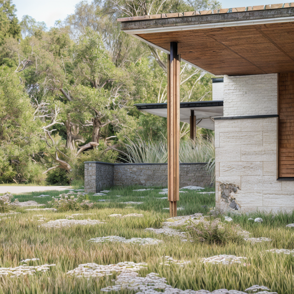 Une maison moderne aux détails en bois et en pierre borde un jardin naturel d'herbes hautes et de fleurs sauvages blanches, rappelant la Maison Louis Carré. La visualisation architecturale met en valeur les arbres et un mur de pierre sous un ciel dégagé.