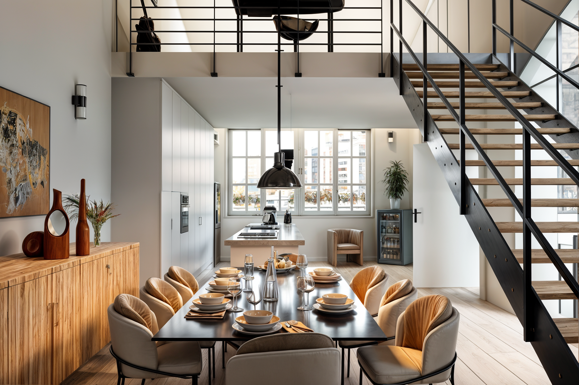 Salle à manger moderne avec une table dressée pour huit personnes, des chaises beiges élégantes, une table à manger noire, un buffet en bois et un escalier menant à un loft ouvert ; de grandes fenêtres laissent entrer la lumière naturelle.