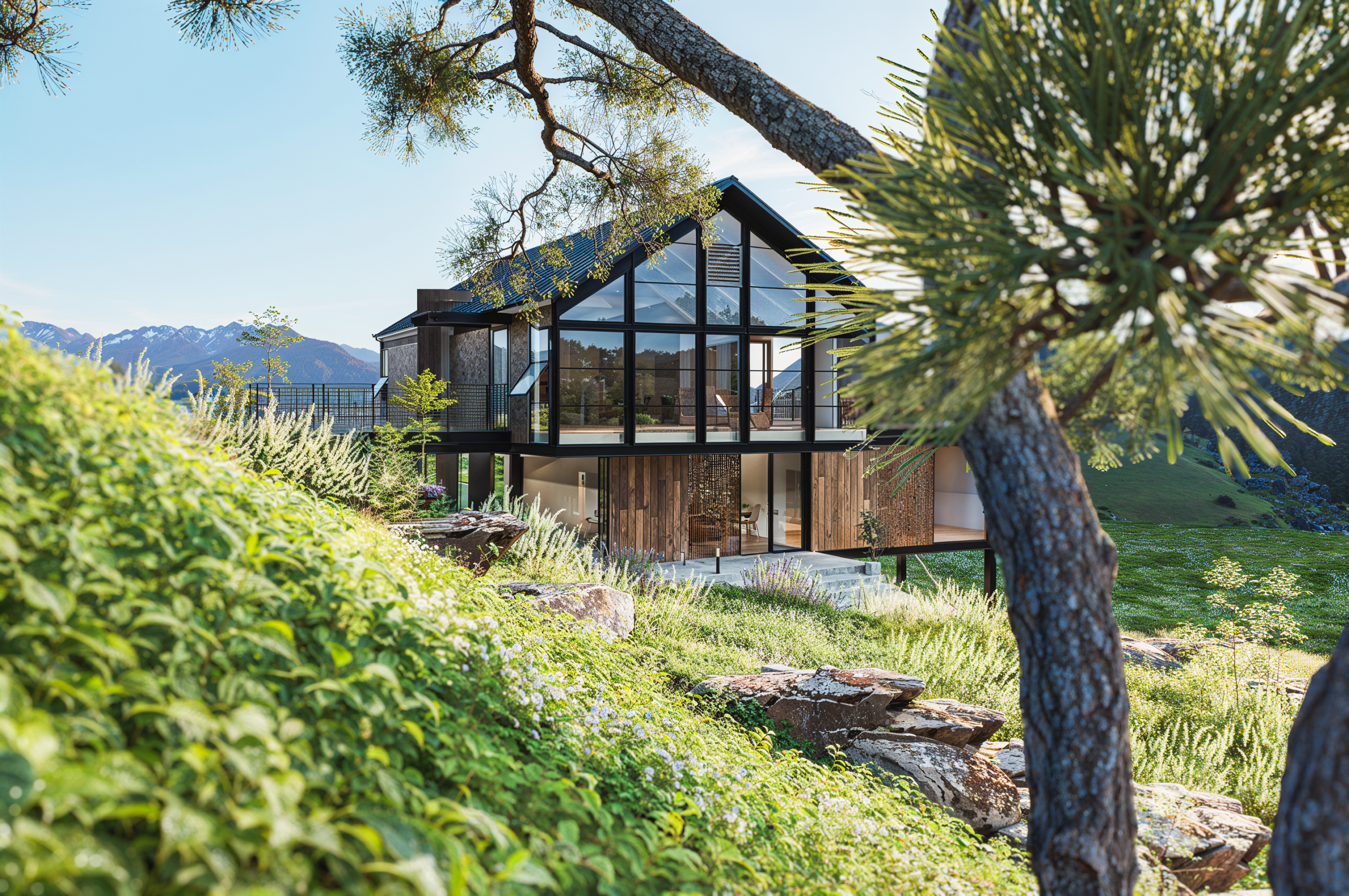 Une maison moderne en verre et en bois, dotée de grandes fenêtres, se dresse à Sunshine Canyon, sur une colline verdoyante, entourée d'une végétation luxuriante, de rochers et d'arbres. Les montagnes se dessinent en arrière-plan sous un ciel bleu clair.