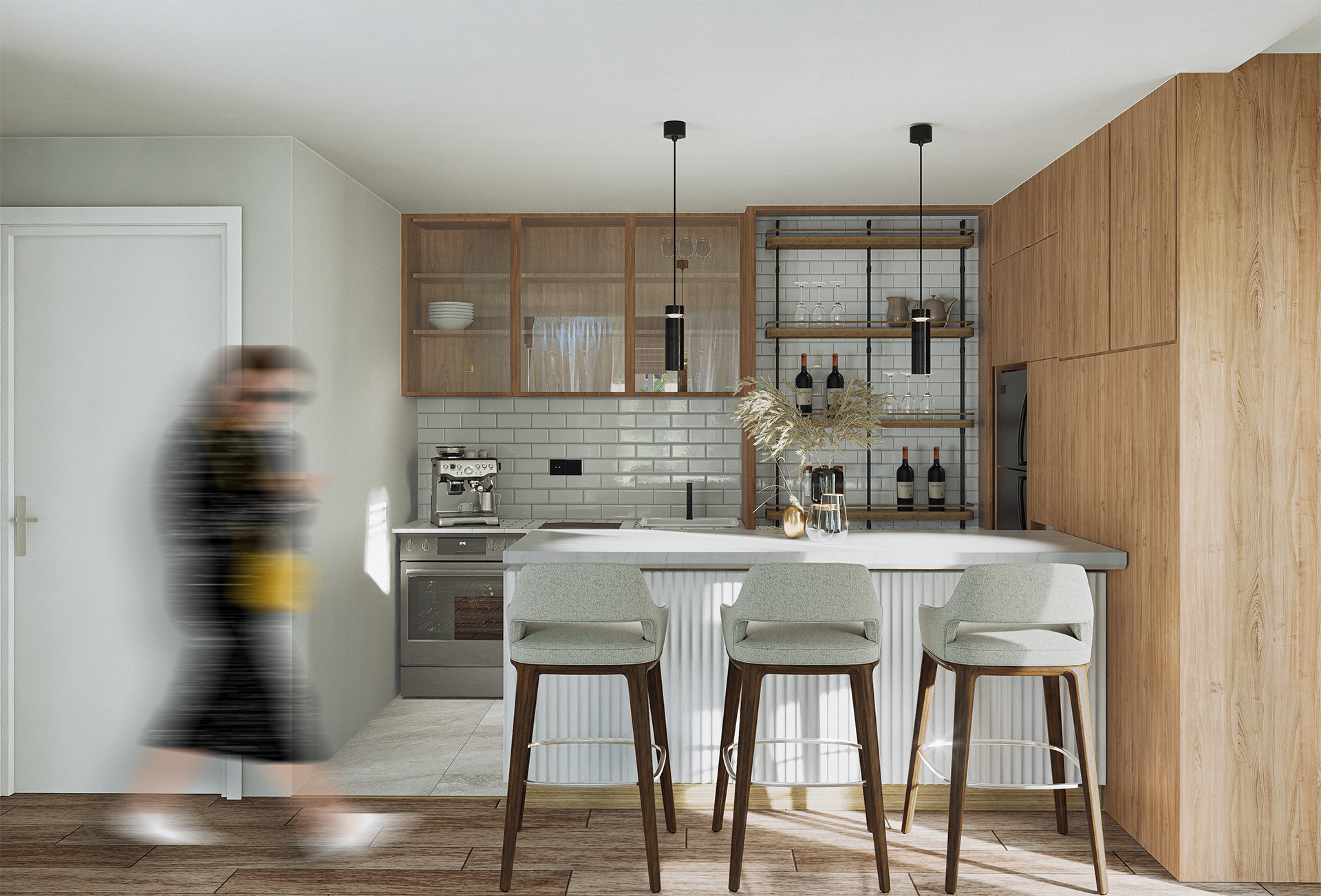 Une cuisine moderne avec des armoires en bois, un îlot blanc avec trois tabourets gris clair, des suspensions et des étagères avec des bouteilles de vin prend vie grâce à la visualisation 3D architecturale à Rennes pour architectes promoteurs et paysagistes.