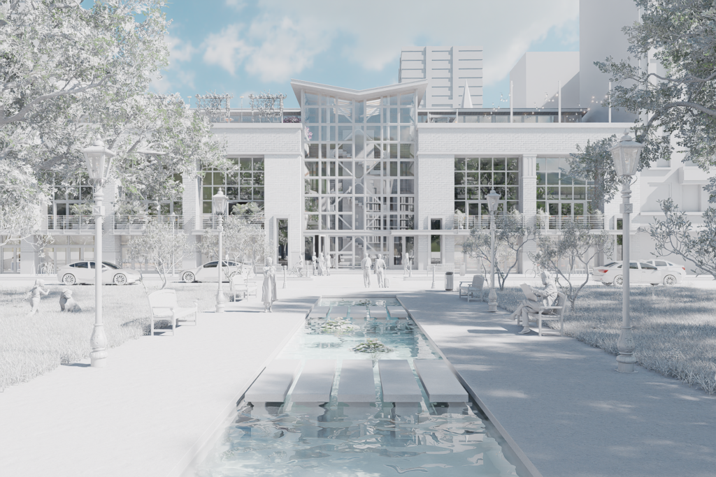 Un bâtiment moderne aux grandes baies vitrées, entouré d'arbres et de bancs. Au premier plan, un étroit plan d'eau avec des pierres de gué et des nénuphars. Plusieurs personnes se promènent ou s'assoient dans l'espace paysager.