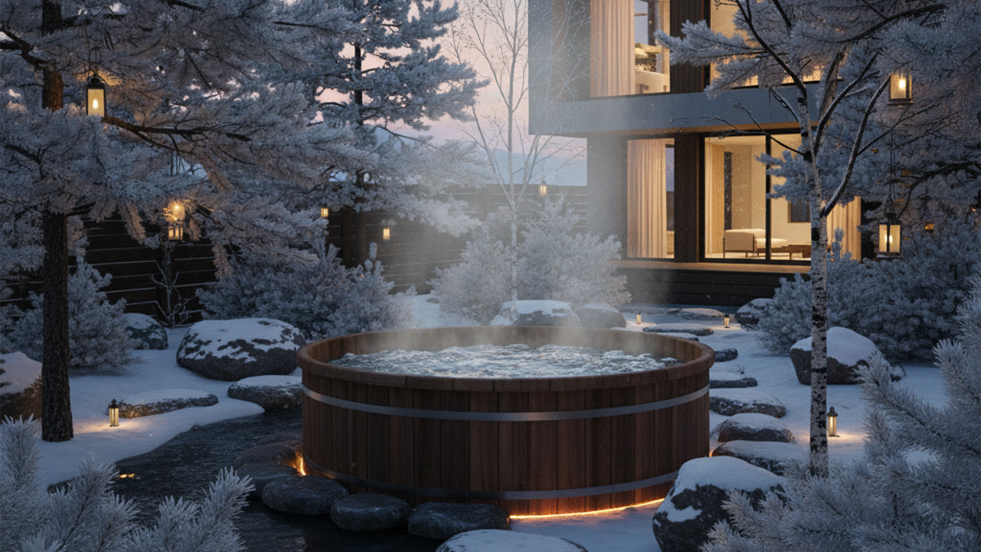 Bains nordiques fumants au cœur d’un jardin enneigé