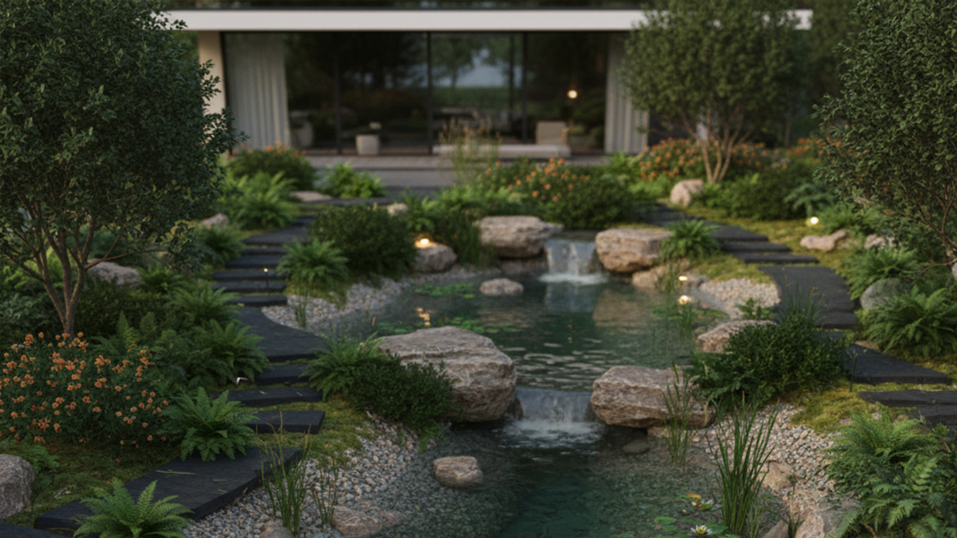 Bassins naturels intégrés dans des jardins paysagers