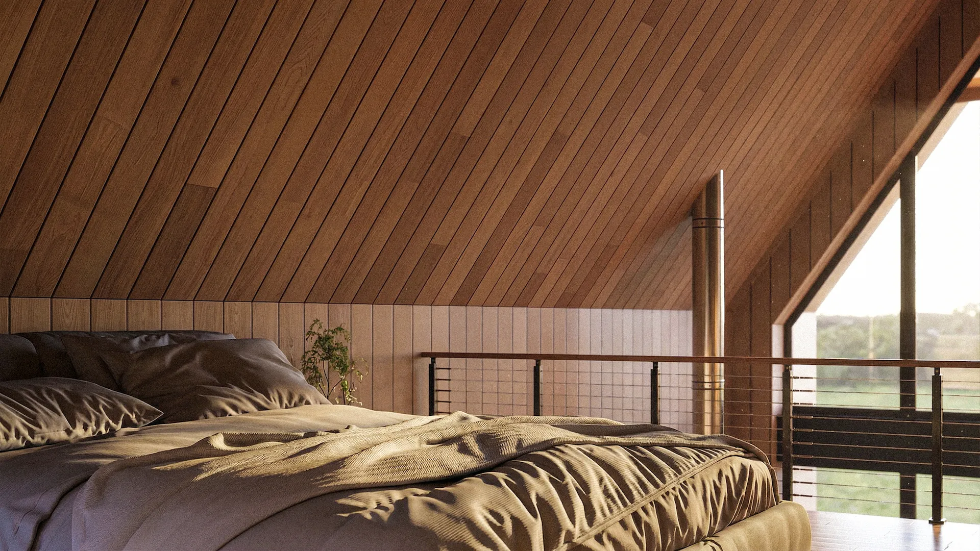 Rendu 3D ultra réaliste d'une chambre avec vue sur la nature BenRaff Studio